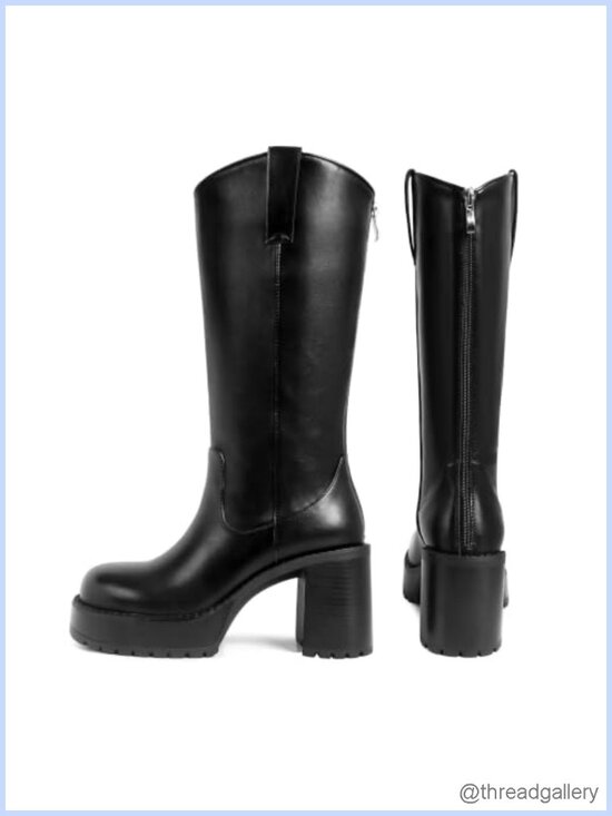 Shoes - Knee High Western Boots Leather Platform Chunky Block Heel Tall